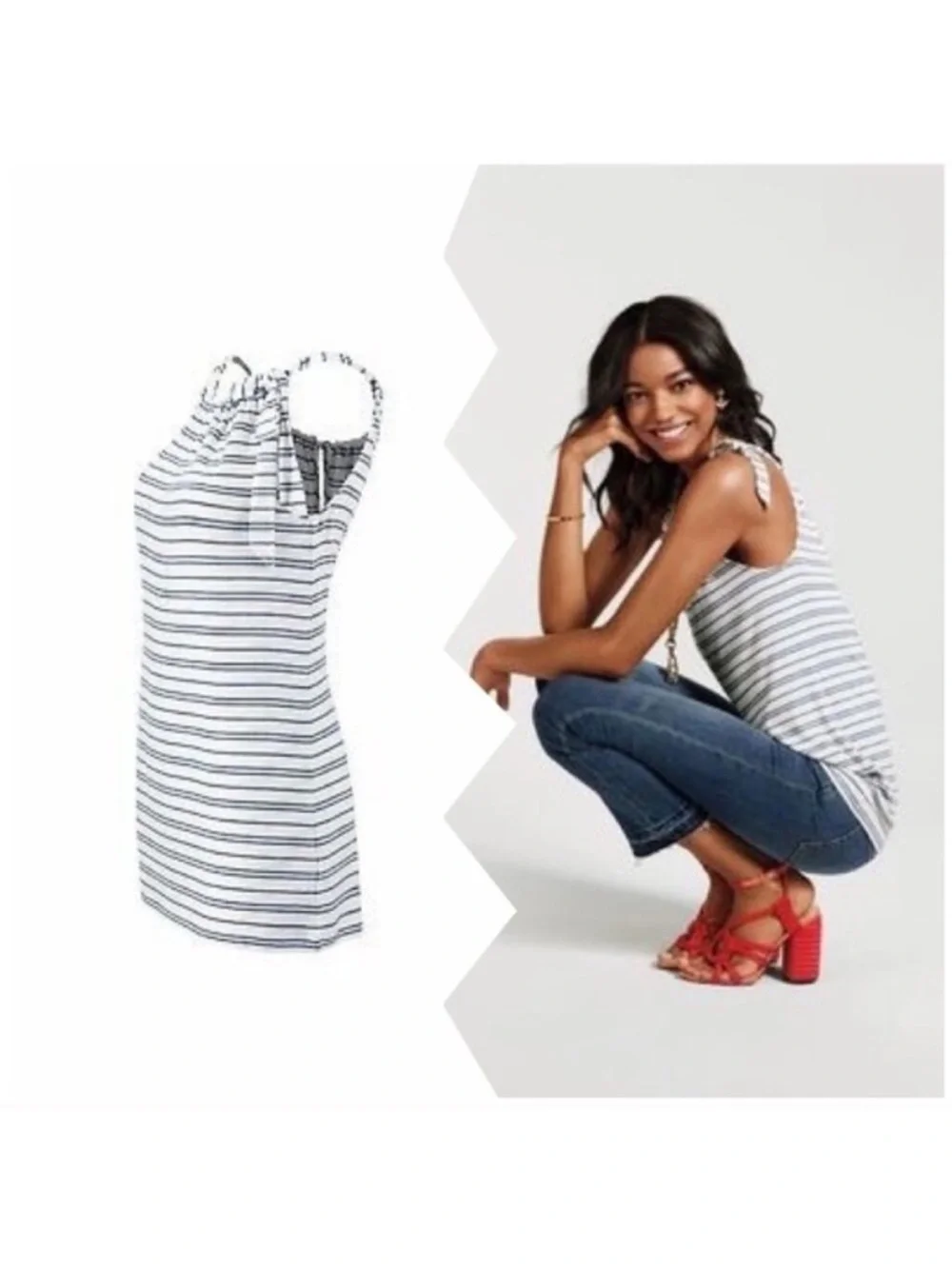 CAbi White Tank Top with Blue Stripes